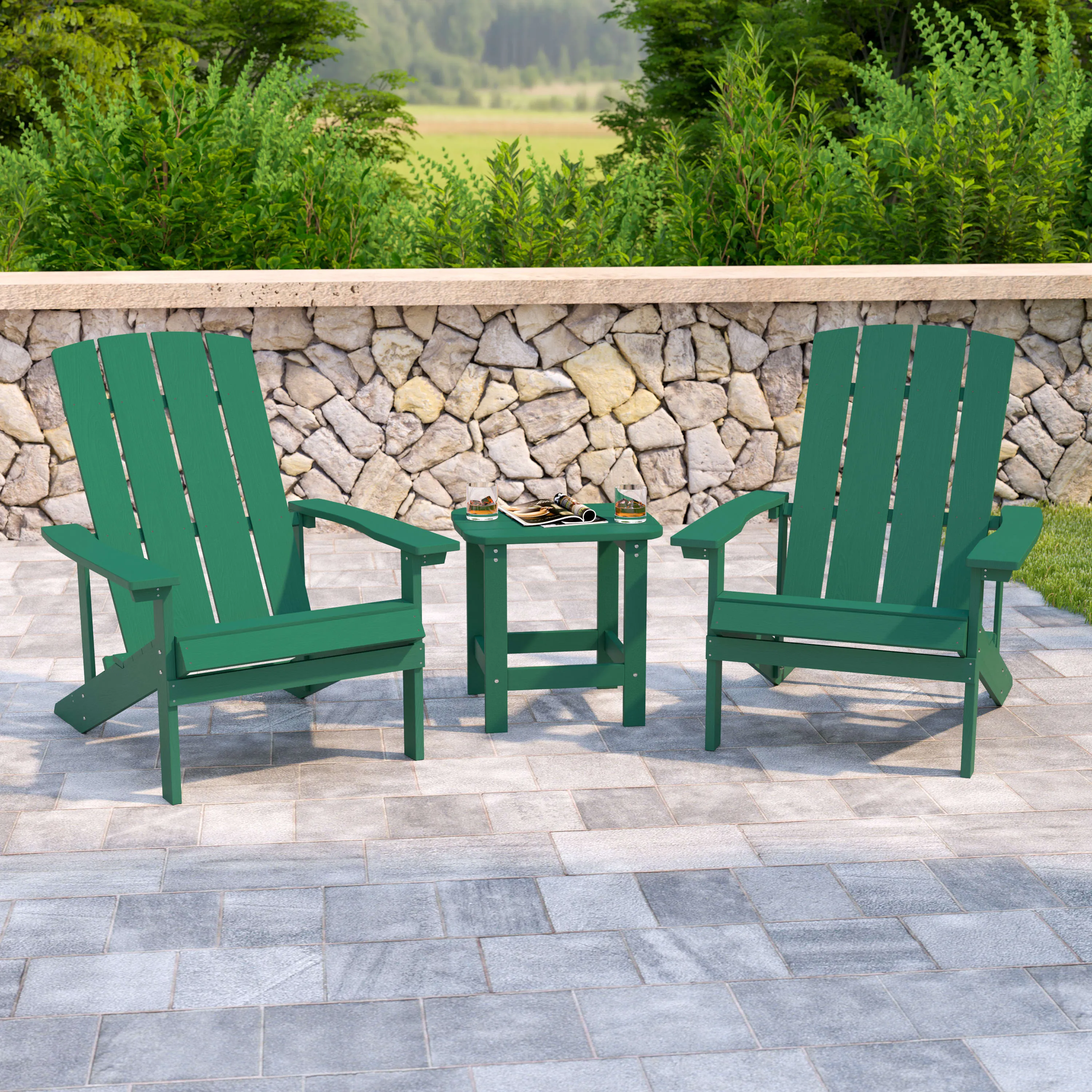 2 Pack Charlestown All-Weather Poly Resin Wood Adirondack Chairs with Side Table