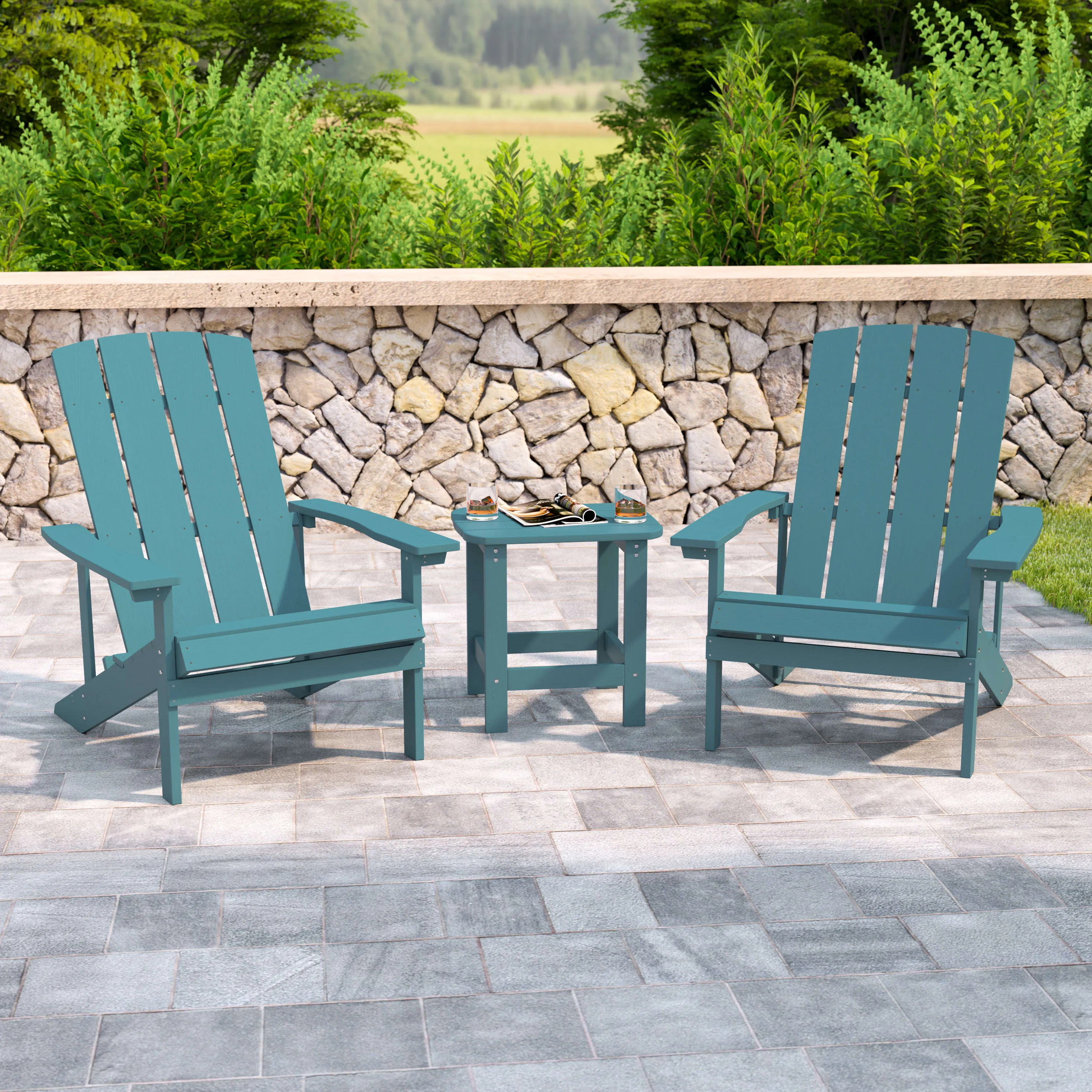 2 Pack Charlestown All-Weather Poly Resin Wood Adirondack Chairs with Side Table