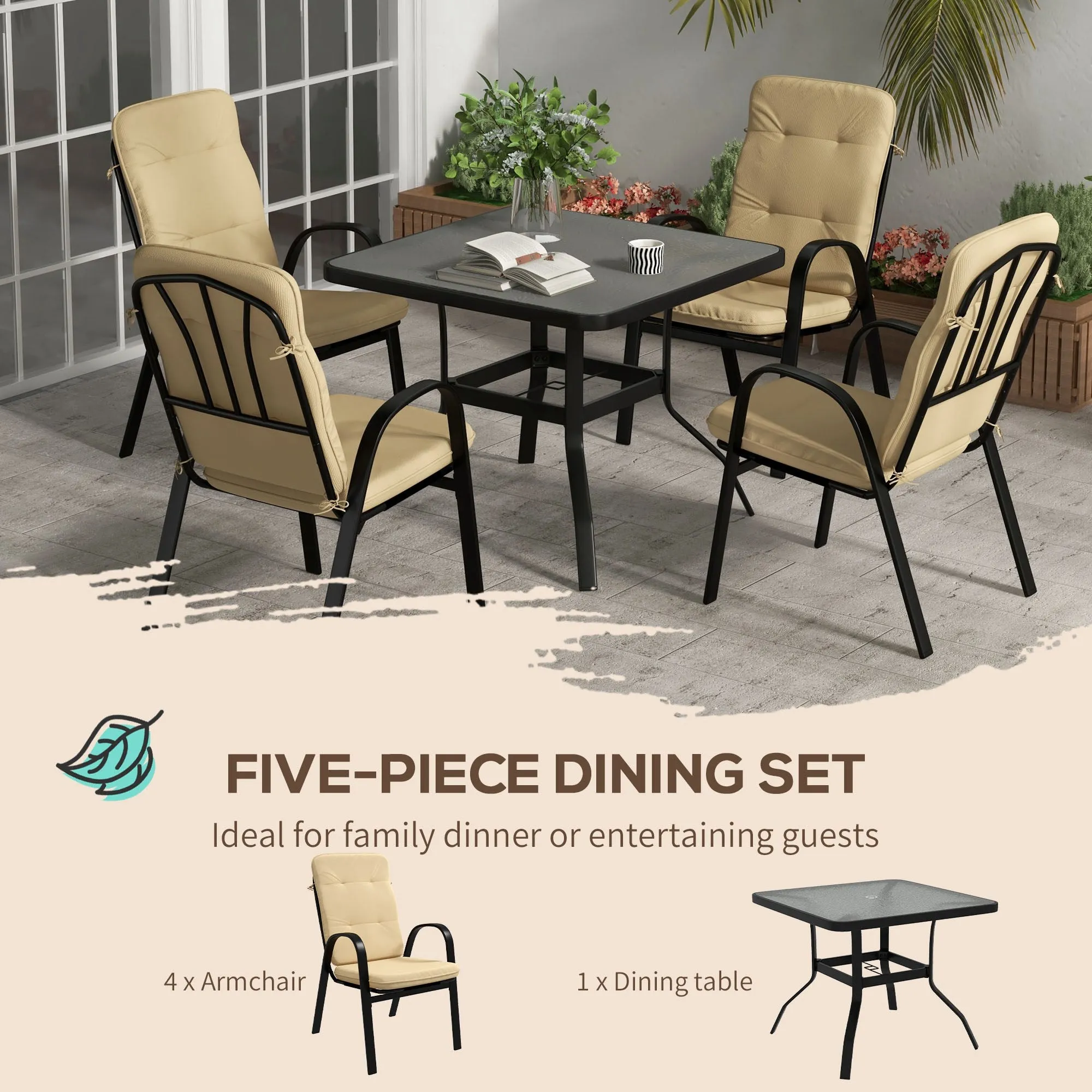 5 Pieces Outdoor Square Garden Dining Set w/ Tempered Glass Dining Table 4 Cushioned Armchairs, Umbrella Hole, Beige