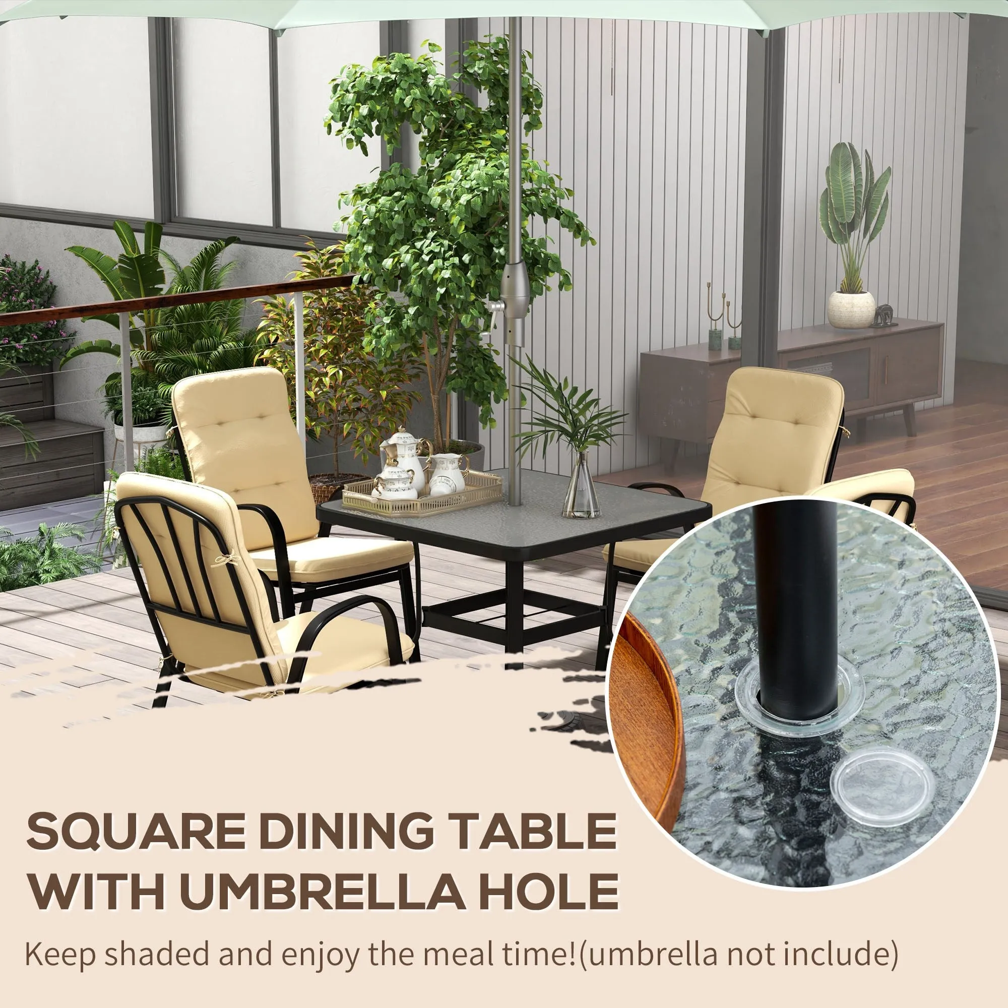 5 Pieces Outdoor Square Garden Dining Set w/ Tempered Glass Dining Table 4 Cushioned Armchairs, Umbrella Hole, Beige