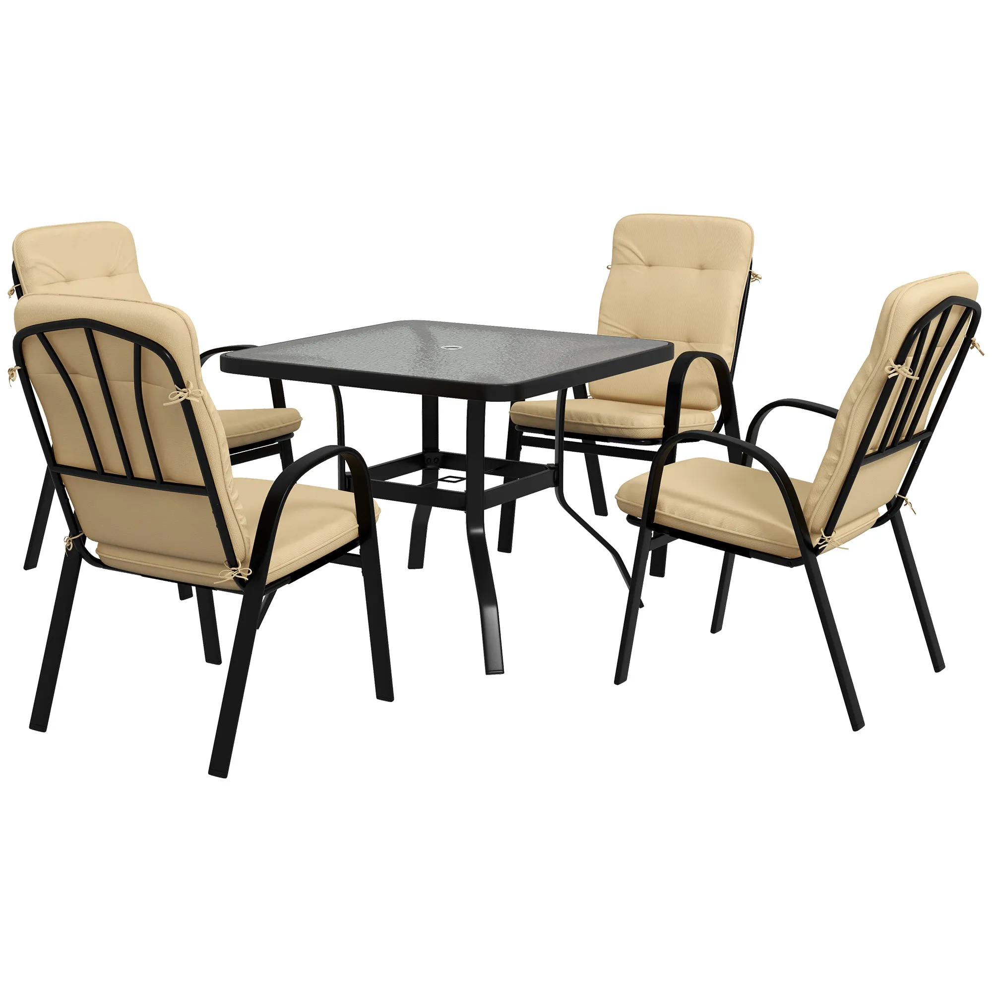 5 Pieces Outdoor Square Garden Dining Set w/ Tempered Glass Dining Table 4 Cushioned Armchairs, Umbrella Hole, Beige