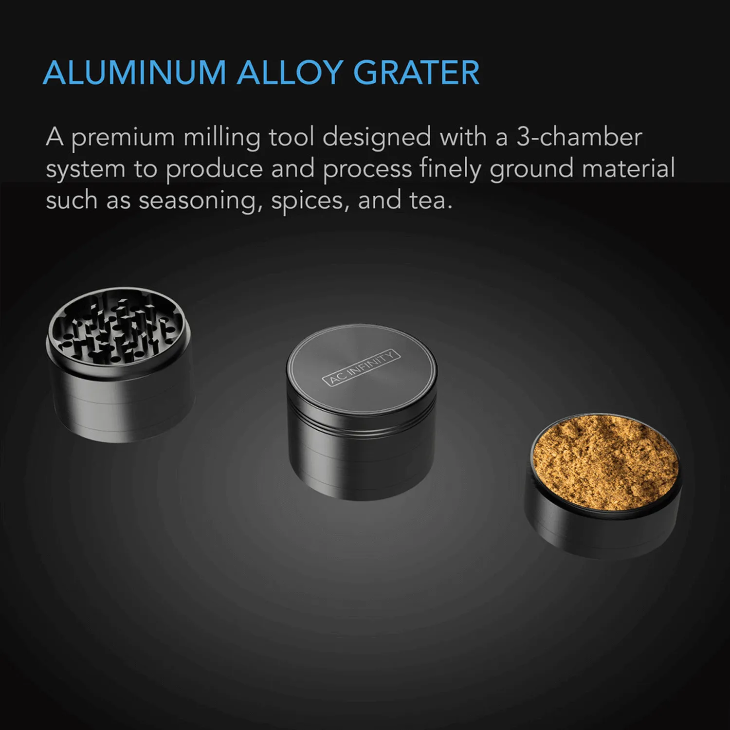 AC Infinity 3-Chamber Spice Grinder, Black, 2.5-Inch