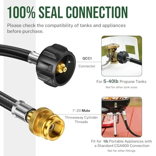 Alloxity 4FT Propane Hose Adapter 1lb to 20lb, Propane Tank Hose with QCC1/Type1 for 5-40lb Propane Tanks, Propane Adapter Hose with CGA600 Connection for Weber Q Grill/Coleman Stove/Buddy Heater