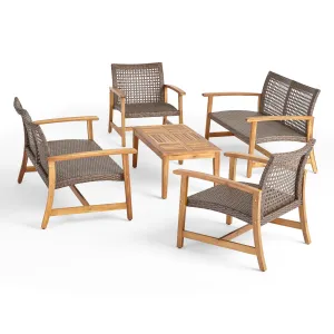 Alyssa Outdoor 5 Piece Wood and Wicker Loveseat Chat Set