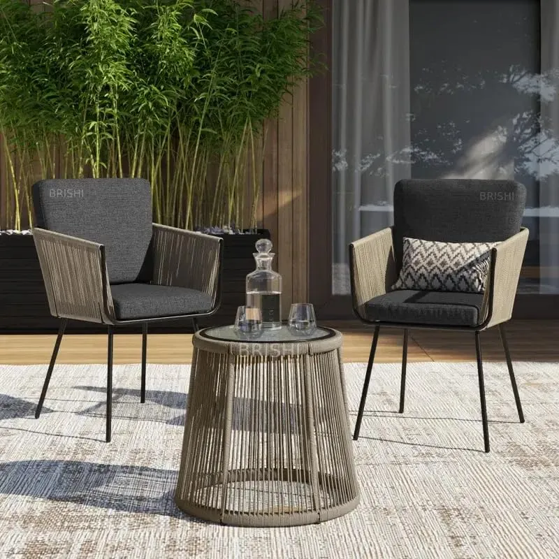 BRISHI Garden Patio Seating Chair and Table Set Outdoor Balcony Garden Coffee Table Set Furniture with 1 Table and 2 Chairs Set Braid & Rope (Grey)