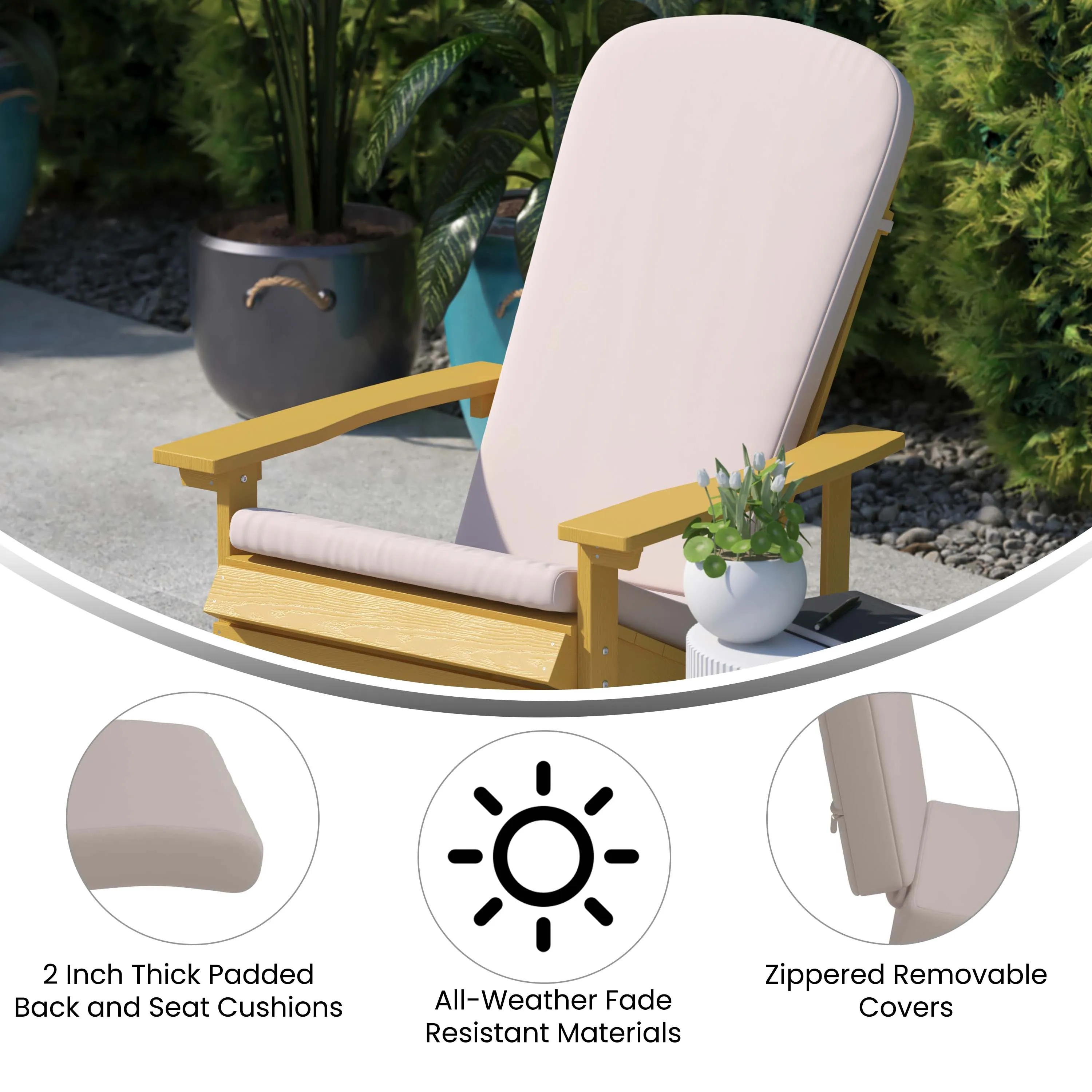 Charlestown Set of 2 All-Weather Poly Resin Wood Adirondack Chairs with Cushions for Deck, Porch, and Patio