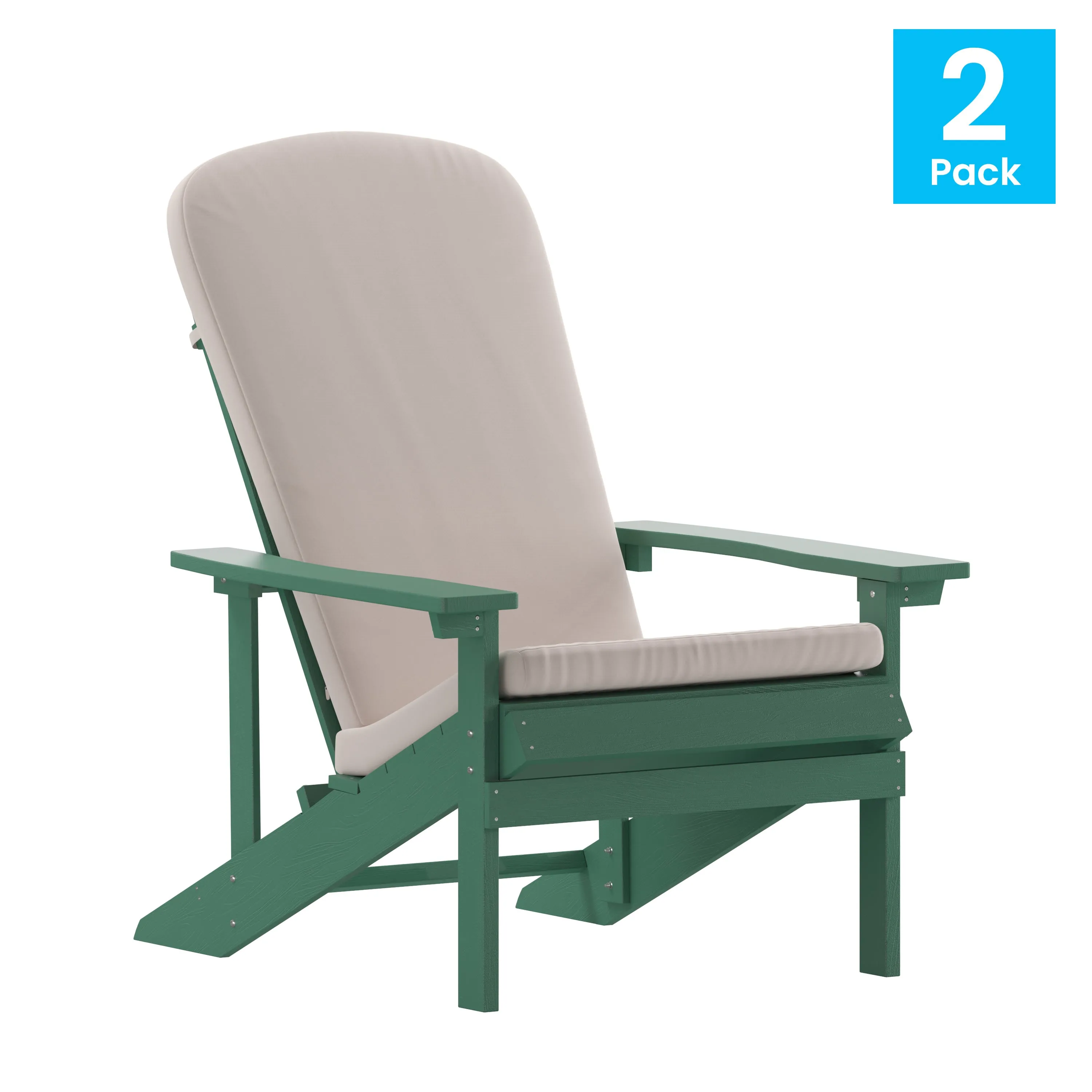 Charlestown Set of 2 All-Weather Poly Resin Wood Adirondack Chairs with Cushions for Deck, Porch, and Patio