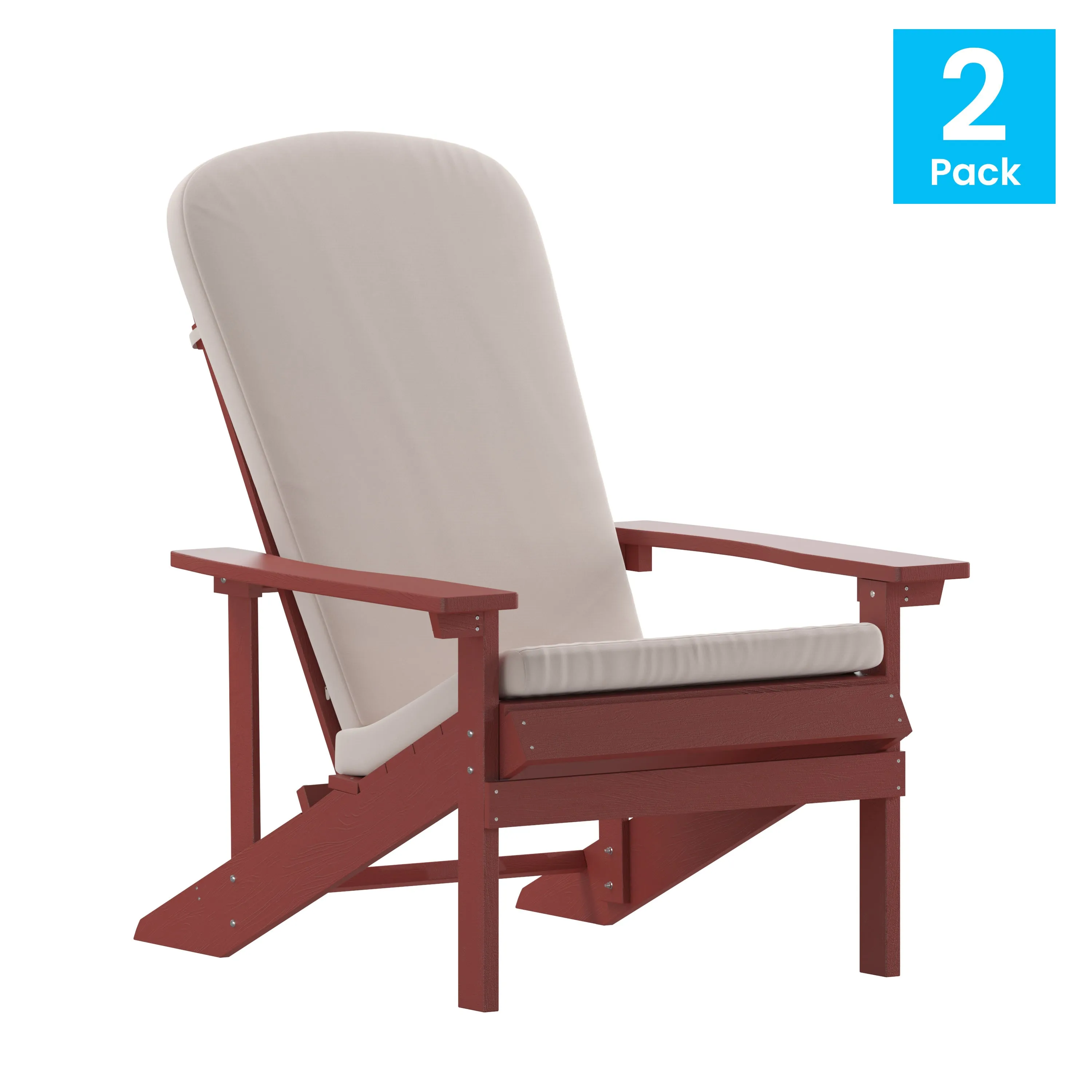 Charlestown Set of 2 All-Weather Poly Resin Wood Adirondack Chairs with Cushions for Deck, Porch, and Patio