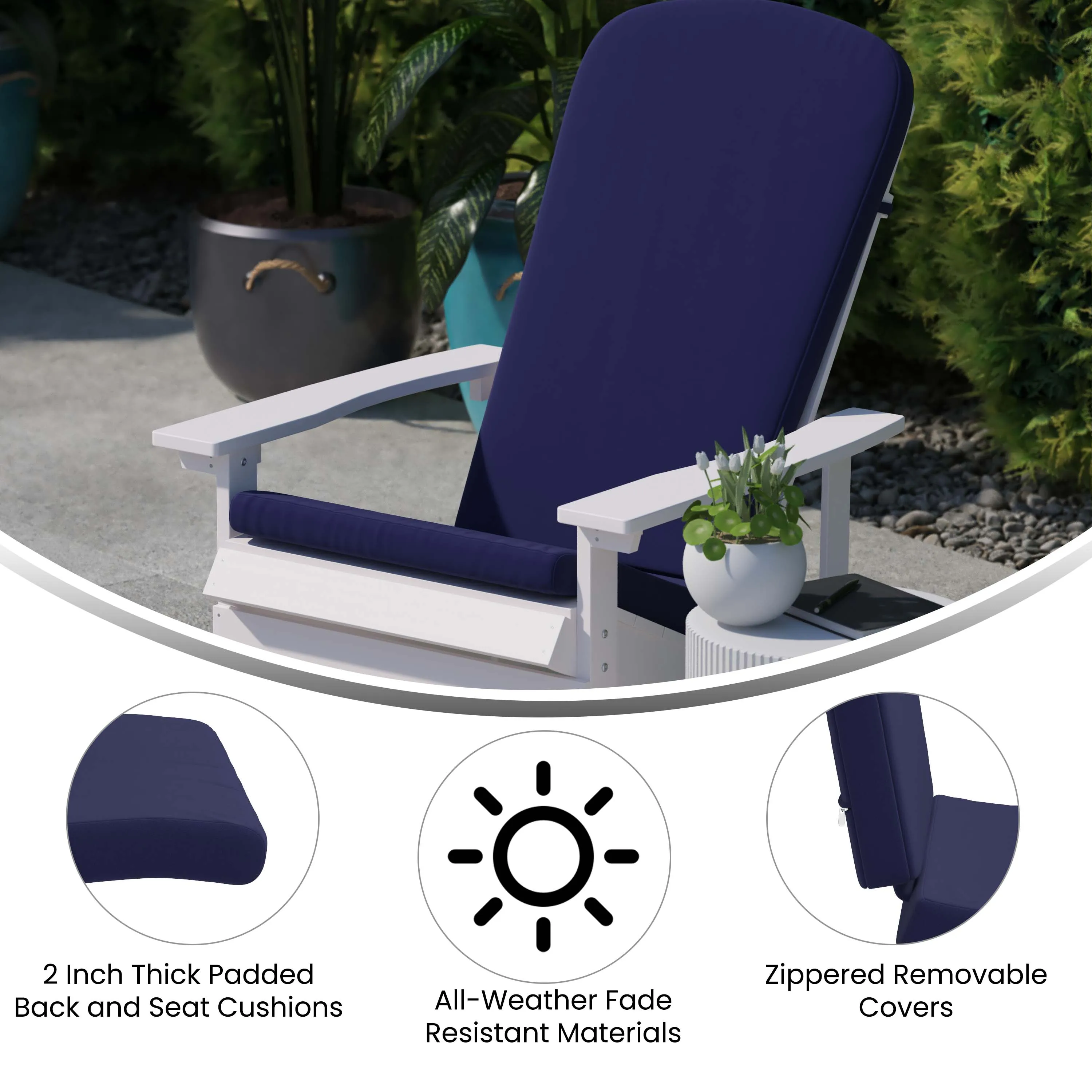 Charlestown Set of 2 All-Weather Poly Resin Wood Adirondack Chairs with Cushions for Deck, Porch, and Patio