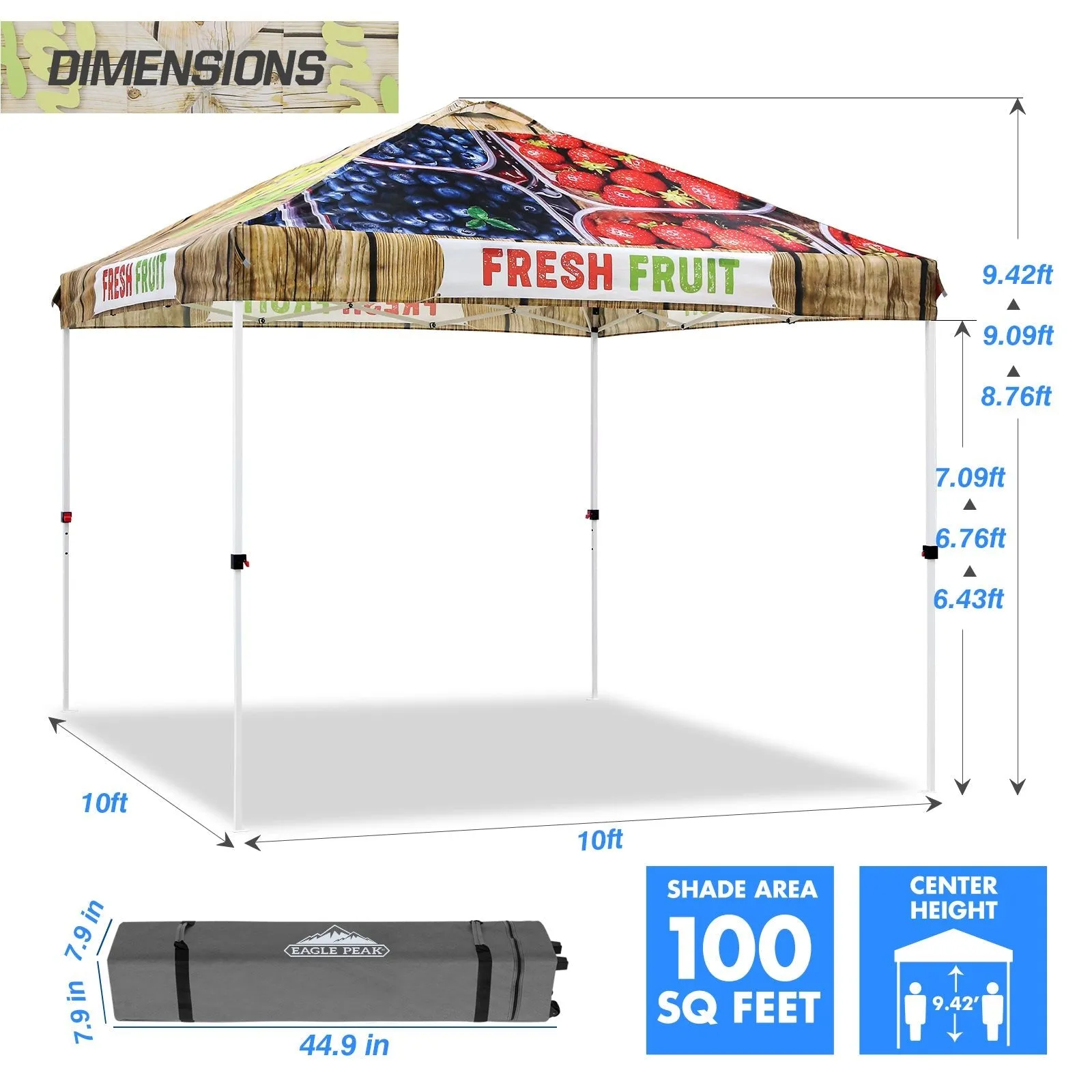 Eagle Peak SHADE GRAPHiX Easy Setup 10x10 Pop Up Canopy Tent with Digital Printed Fruit