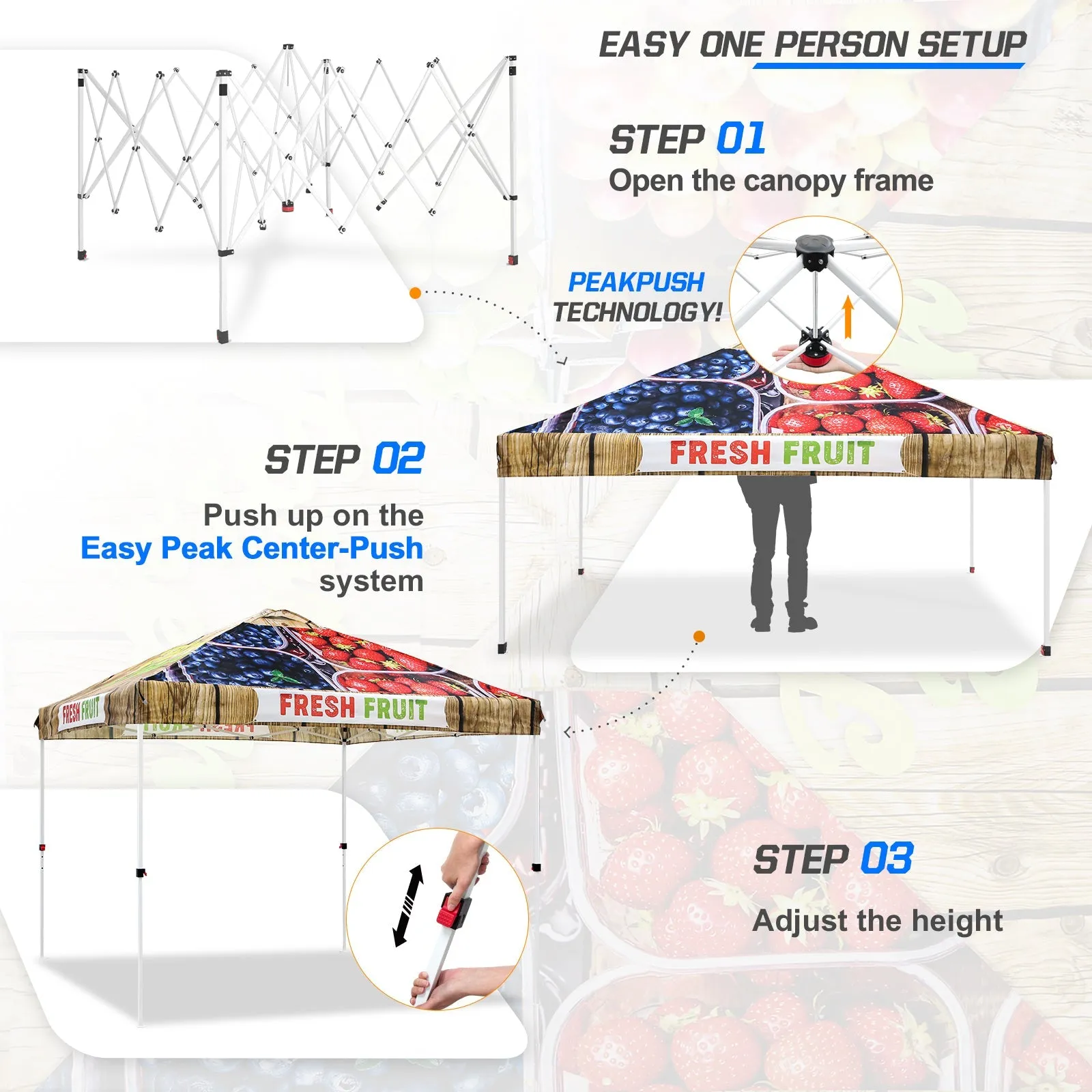 Eagle Peak SHADE GRAPHiX Easy Setup 10x10 Pop Up Canopy Tent with Digital Printed Fruit