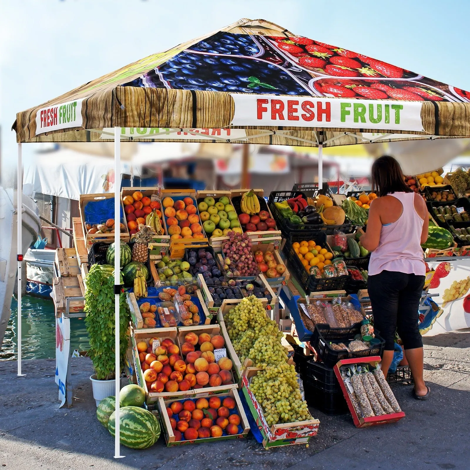 Eagle Peak SHADE GRAPHiX Easy Setup 10x10 Pop Up Canopy Tent with Digital Printed Fruit