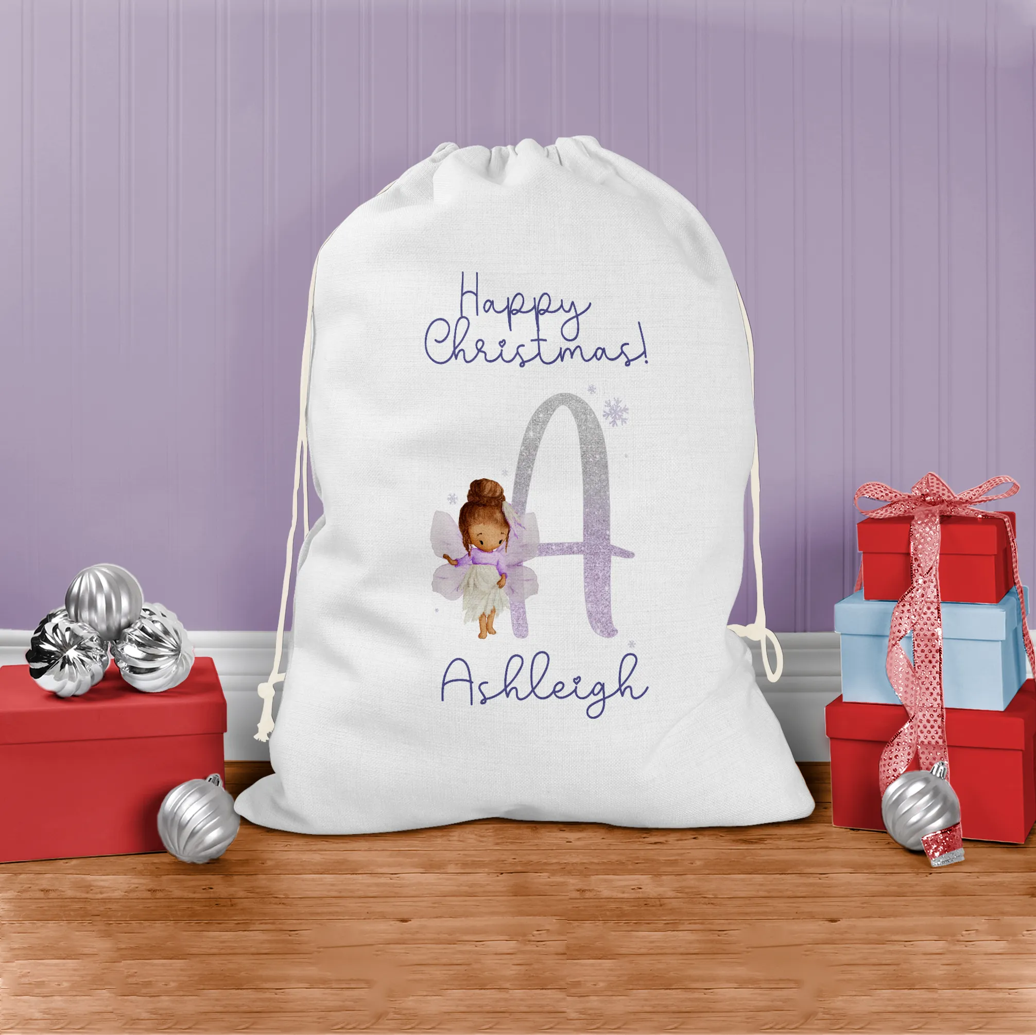 Fairy Lilac Glitter Personalised Christmas Santa Sack