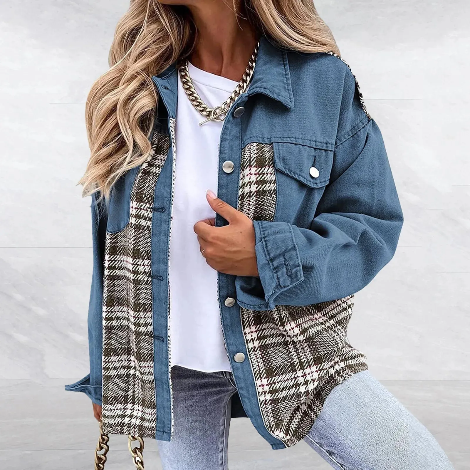 Fashion Casual Plaid Autumn Winter Loose Large Size Long Sleeve Jackets