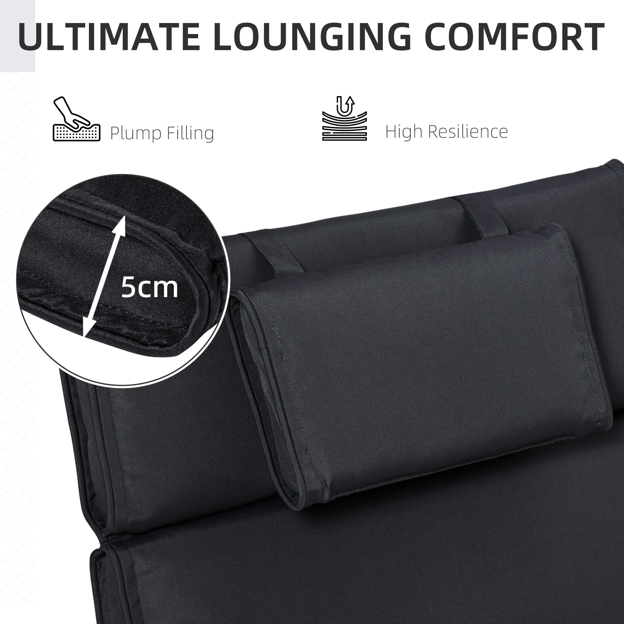 Garden Sun Lounger Cushion Replacement Thick Sunbed Reclining Chair Relaxer Pad with Pillow - Black