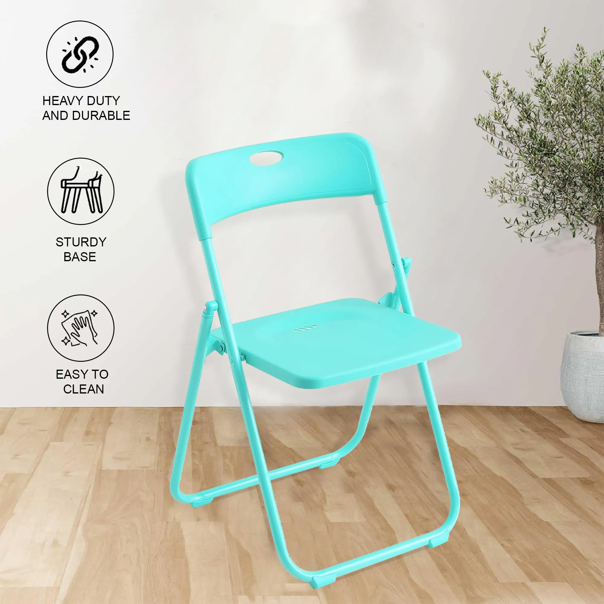 Homestic Folding Chair for Home | Iron Frame & PP Plastic Seat | Lightweight, Portable, Balcony, Garden, Camping Chair | Anti Slip Legs | Indoor Outdoor Chair | Lake Blue | 44 * 42 * 75cm