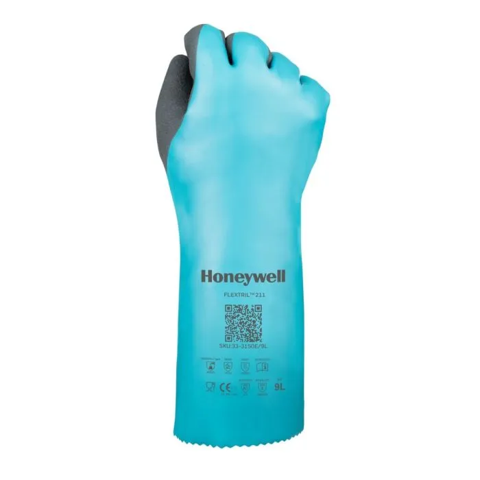 Honeywell Flextril 32-3015E/8M Nitrile Chemical Gloves, 101 Flocked, Angel Blue, 8/Medium, Pack of 12