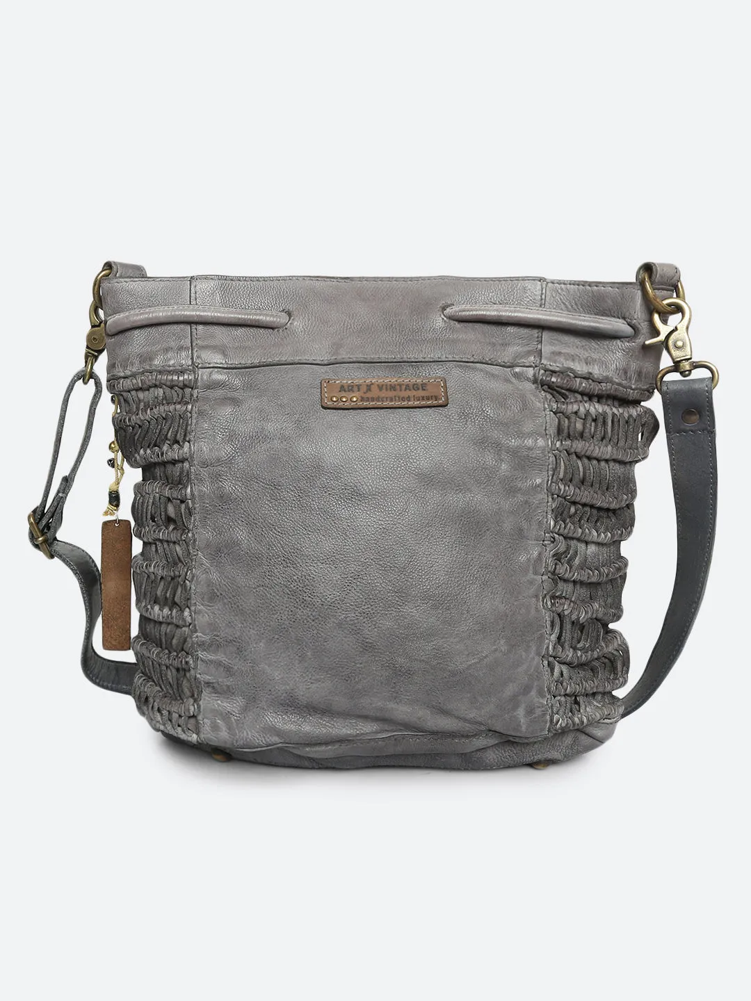 Meidl: Gery Leather Macrame Weaving Bucket Drawstring Bag