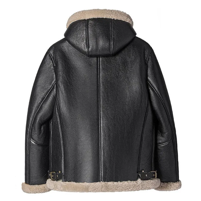 Mens Best Winter Black Sheepskin Shearling Bomber Jacket With Hood