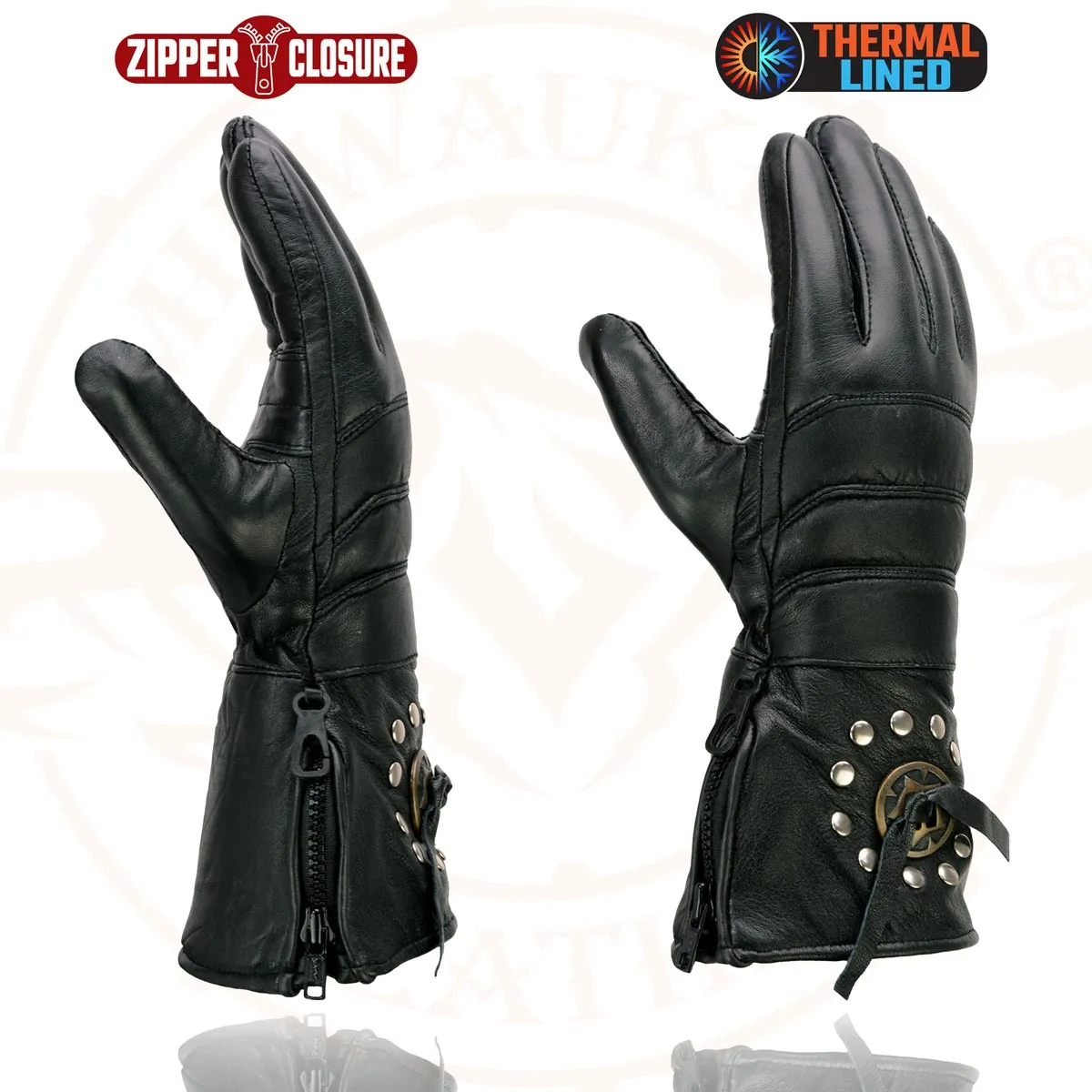 Milwaukee Leather Men's Gauntlet Motorcycle Hand Gloves-Black Leather Thermal Lined with Conchos on Cuff- SH238