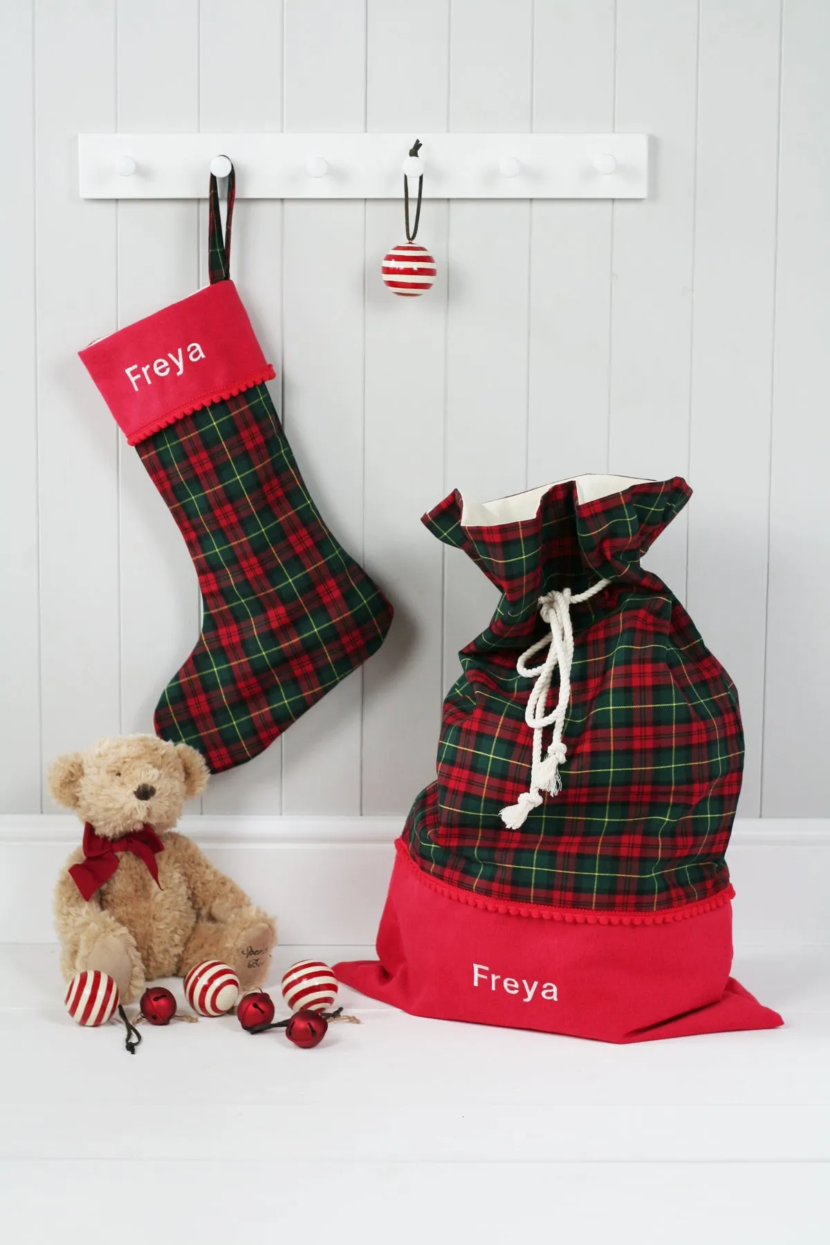 Personalised Christmas Stocking and Santa Sack Set GREEN TARTAN