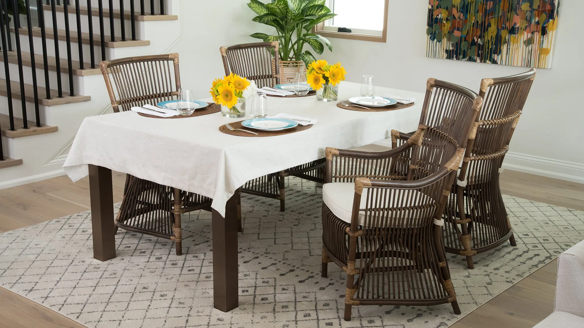 Rattan Loop Edge Arm Chair with Seat Cushion, Antique Brown, Set of 2 Chairs