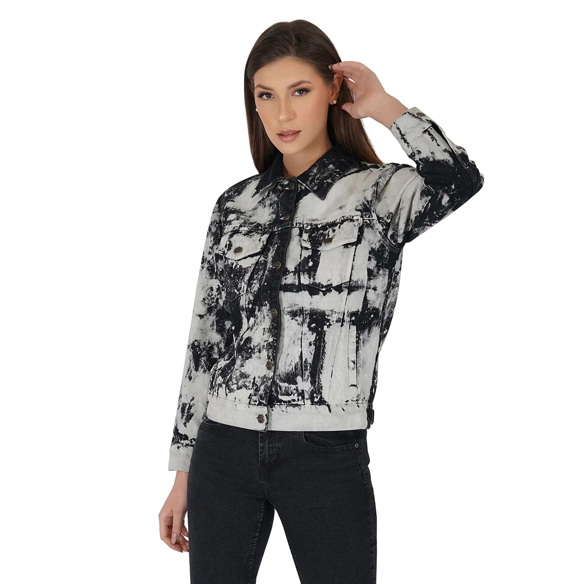 SLAY. Women's White & Black Tie Dye Denim Jacket