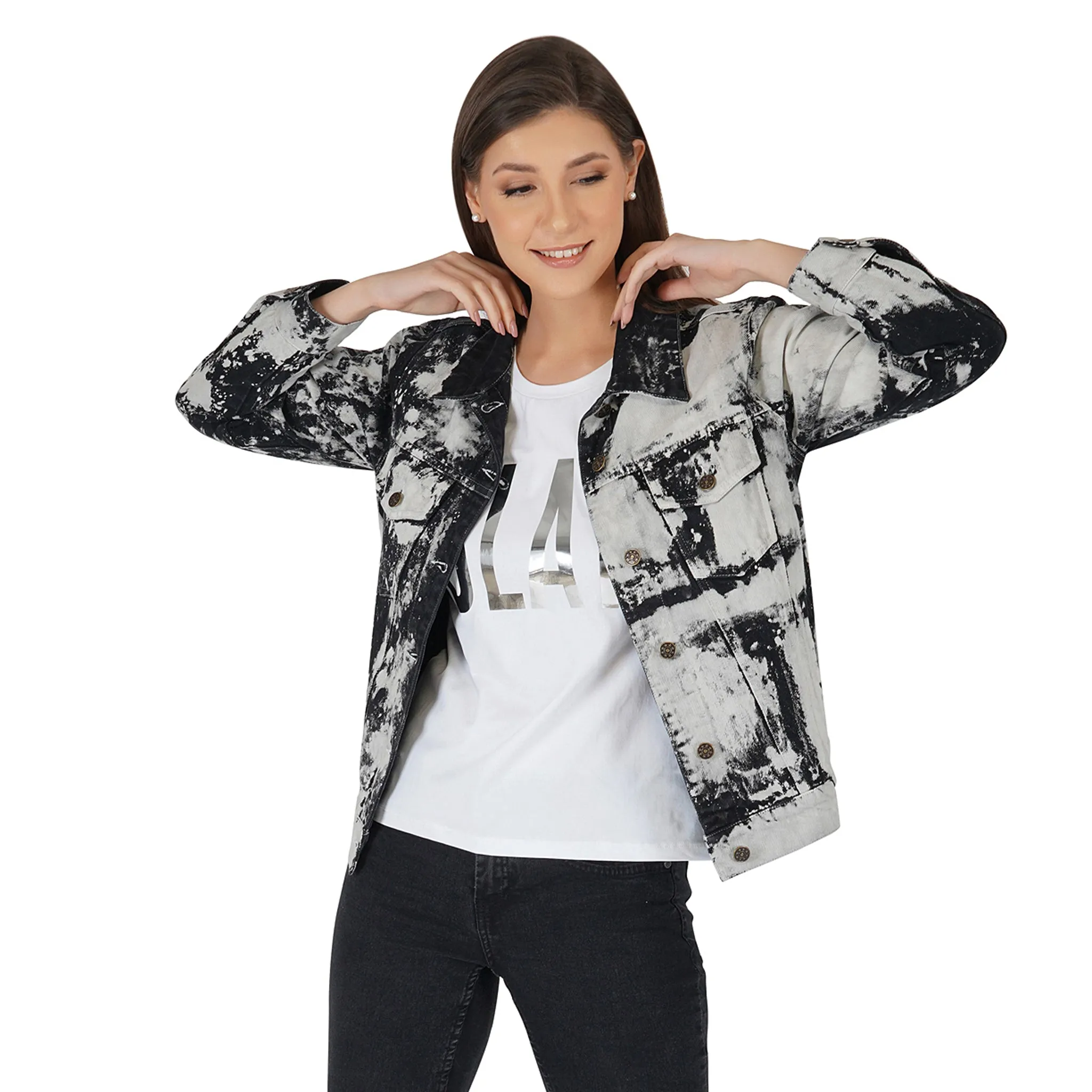 SLAY. Women's White & Black Tie Dye Denim Jacket