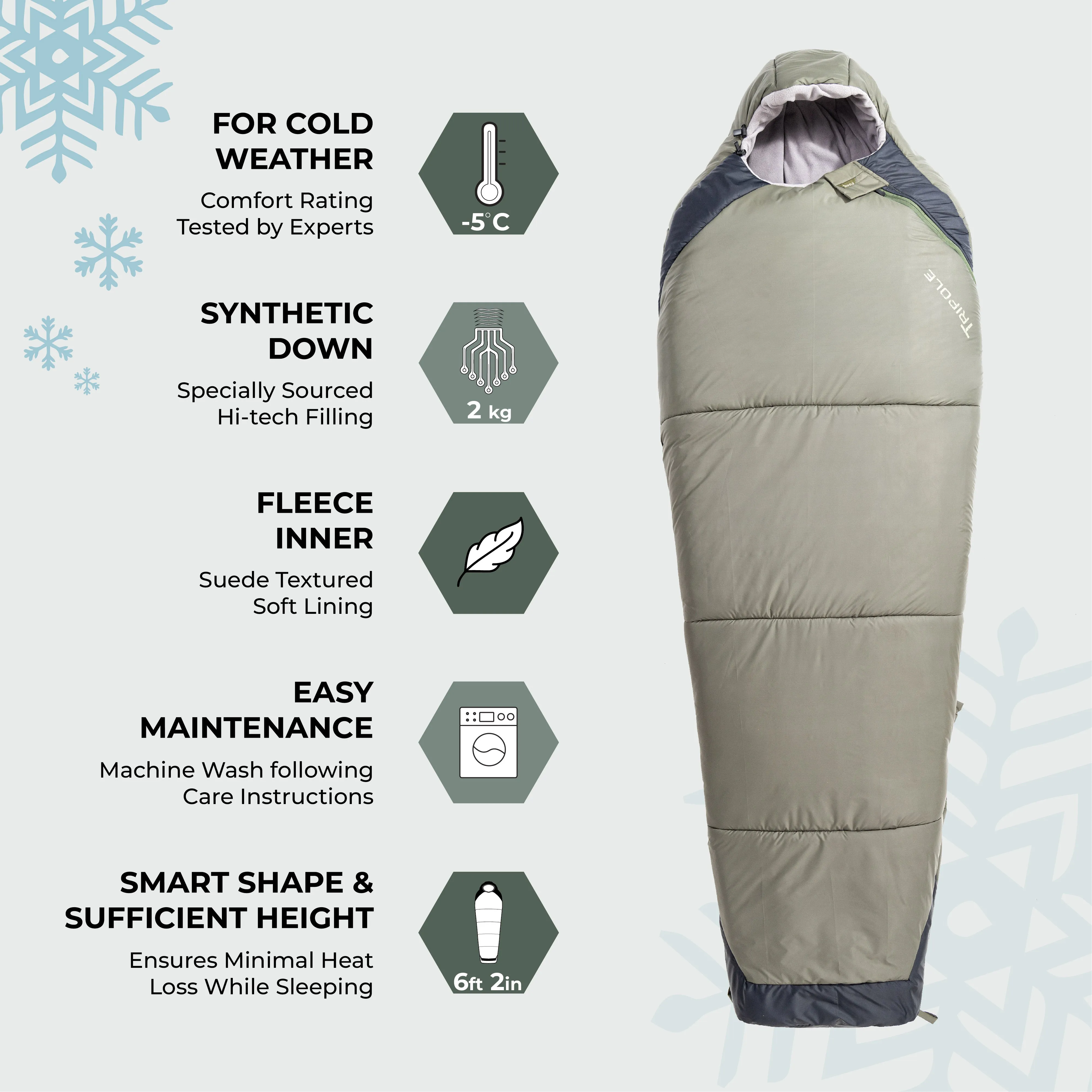 Tripole Zanskar Army Sleeping Bag with Fleece Lining for Cold Weather Trekking and Travelling | Mummy Shape | Water Repellent | 3 Year Warranty ( - 5°C Green)