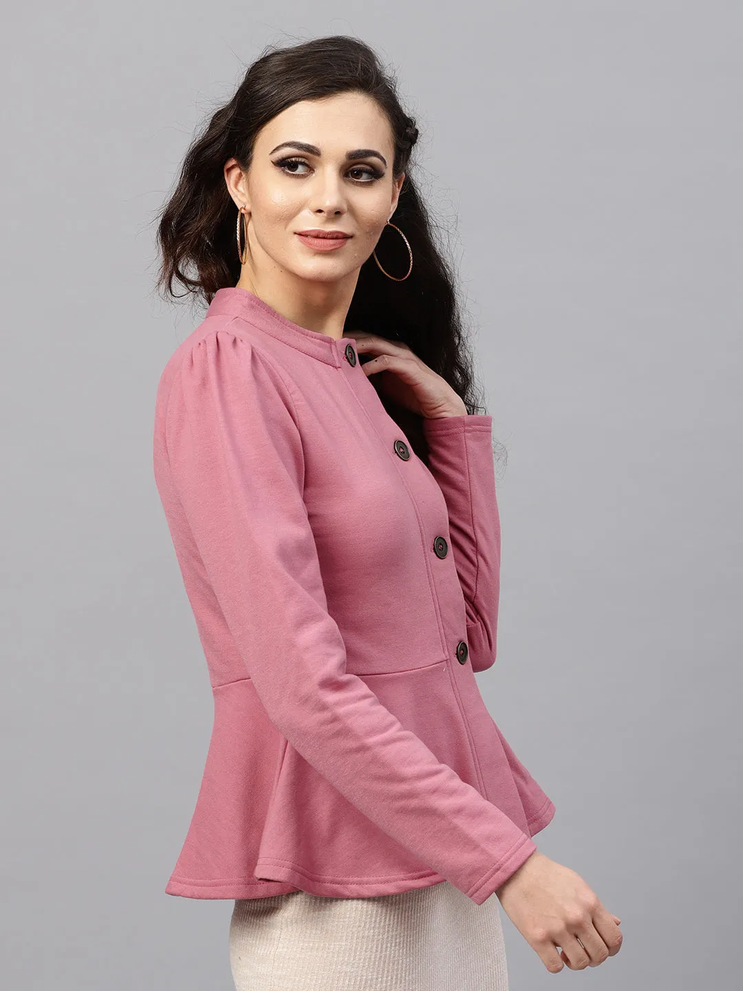 Women Pink Fleece Peplum Jacket